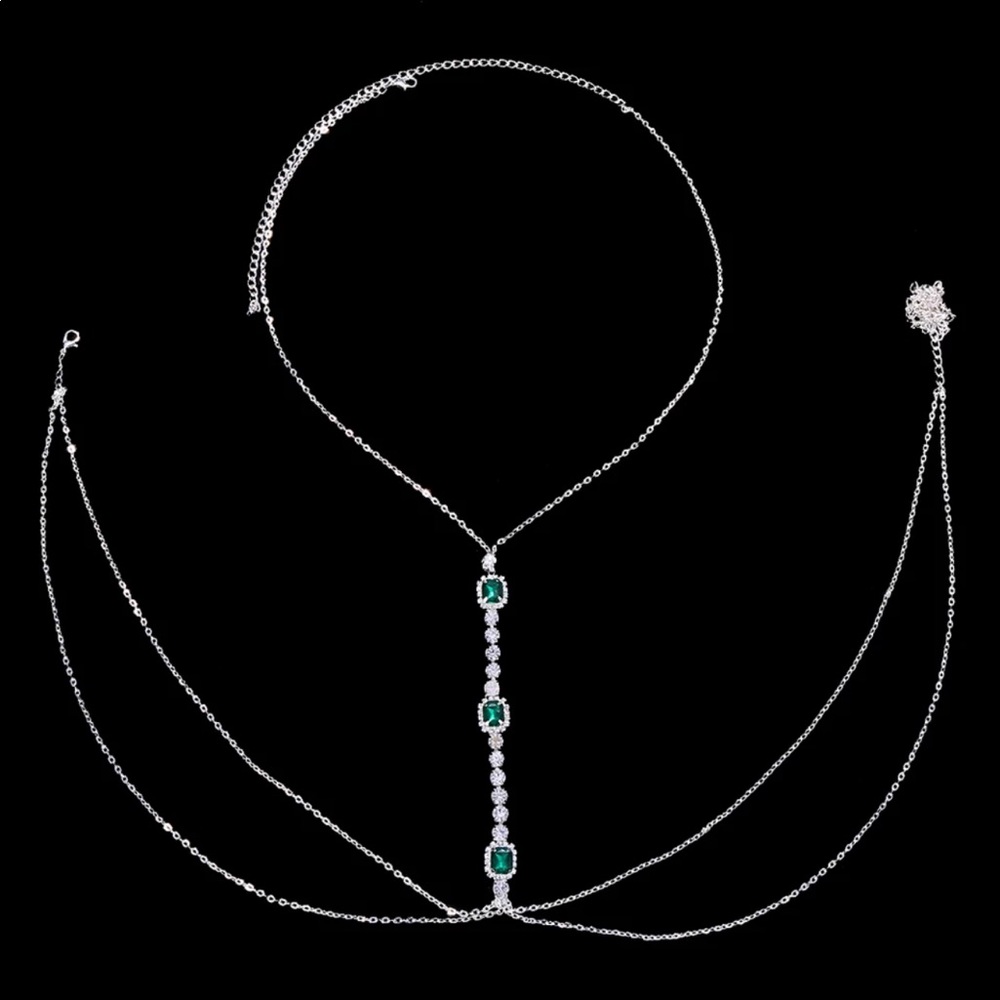 Silver Body Chain with Crystals and Emerald Green Stones - Picture 2 of 3